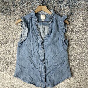 Industry Womens Ruffle Trim Denim Button‎ Up Shirt Medium Wash Small